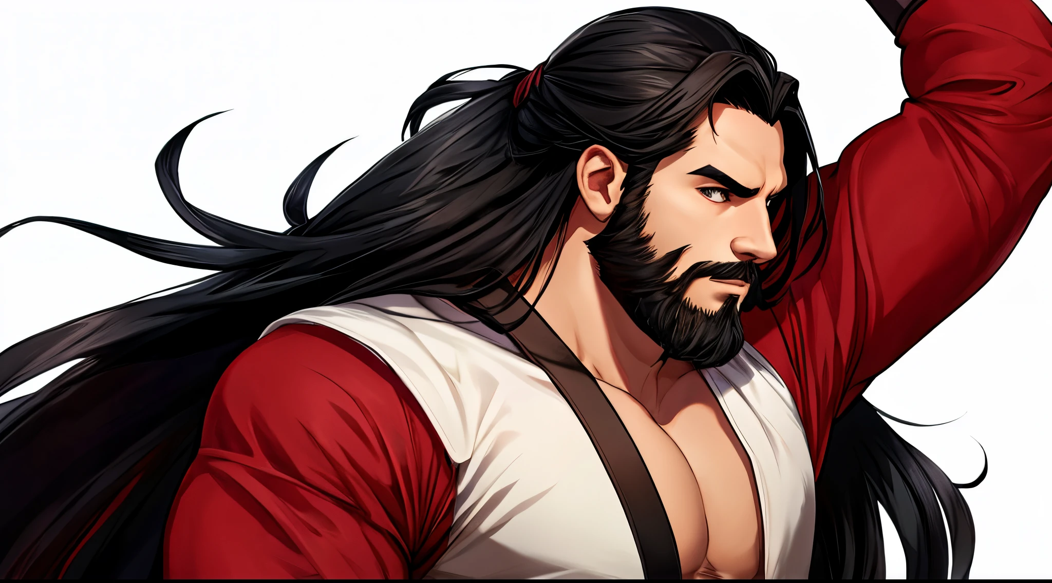 1 Man solo, solo.he has a short black beard and he has black flowing hair. Wearing red. White background