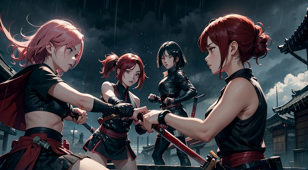 (((Three girls duel))) A red hair female samurai, fighting with her sword against a short black hair female Ninja, and a pink hair Chinese girl is fighting with both girls too, they are all fighting against each other [[[they are fighting on top of an old train in movement]]], dark clouds, a heavy rain falling during the duel, late afternoon. 4k, unreal engine, cinematic, high quality image