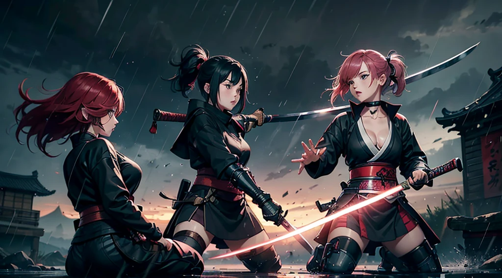 (((Three girls duel))) A red hair female samurai, fighting with her sword against a short black hair female Ninja, and a pink hair Chinese girl is fighting with both girls too, they are all fighting against each other [[[they are fighting on top of an old train in movement]]], dark clouds, a heavy rain falling during the duel, late afternoon. 4k, unreal engine, cinematic, high quality image