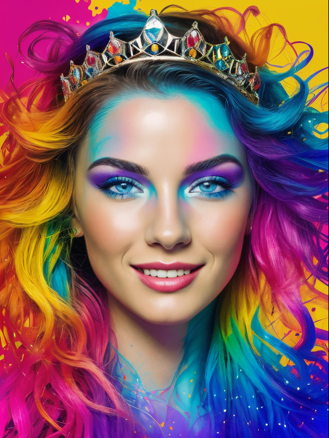 (((1人の女性)))、(Top resolution、Distinct_image) best qualtiy、(((Pop)))、 psychedelic art, ((colorful backdrop))、((illuminating))、ighly detailed、Semi-realistic、((makeups)), A smile、bangss、delicated facial features、Facial features, ((Detailed eyes)), ((best quality)), ((masterpiece)), beautiful, FISideRightFace, side right face, perfect face, abstract beauty, Create a digital art work in pop art style, luxury elegance bold with hint of feminine, happy & youthful, authentic, brave, princess wearing crown, (purple), (gold), centered, key visual, intricate, highly detailed, breathtaking beauty, precise lineart, vibrant, comprehensive cinematic, Carne Griffiths, Conrad Roset, vector art, Colorful graffiti illustration, (the most beautiful portrait in the world:1.5)