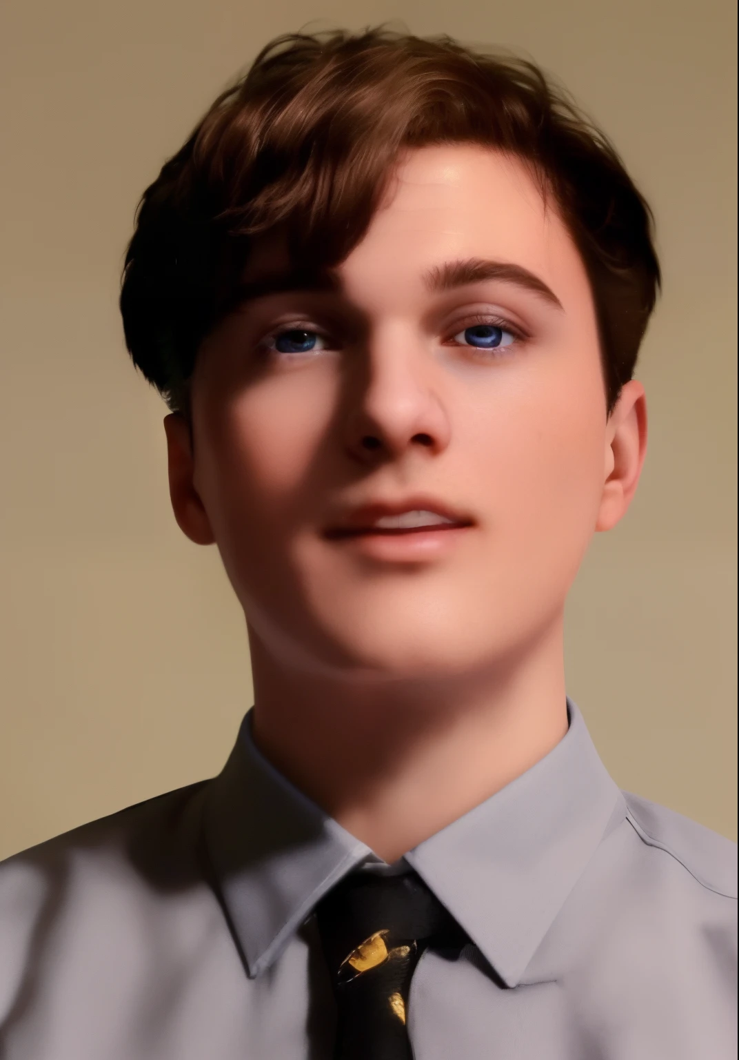 (best quality, 4k, 8k, high resolution, masterpiece: 1.2), ultra detailed, (realistic, photorealistic, photorealistic: 1.37), man headshot, around 14 years old, short hair on top of his head, with no beard, looking focused, headshot profile picture,  looking at the camera, clean shaven wide face, blue eyes