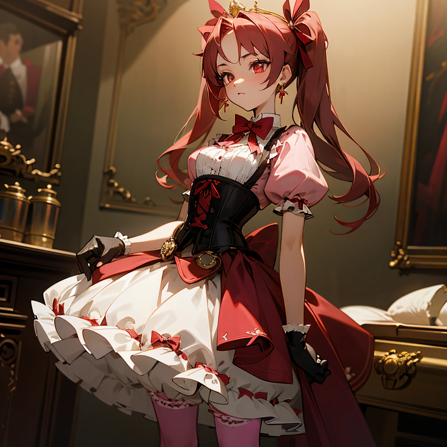 Pretty  princess, drawn in anime style, long red pigtails hair, pink eyes, small breast, steampunk, red shirt with puffy sleeves worn underneath a red gothic lolita dress, corset, petticoat, hair ribbons, fancy gloves, bow tie, ruby earrings and necklace, gold tiara, high heel boots, striped stockings, bloomers, in bedroom, standing elegantly, highly detailed, 1080p, 4k.