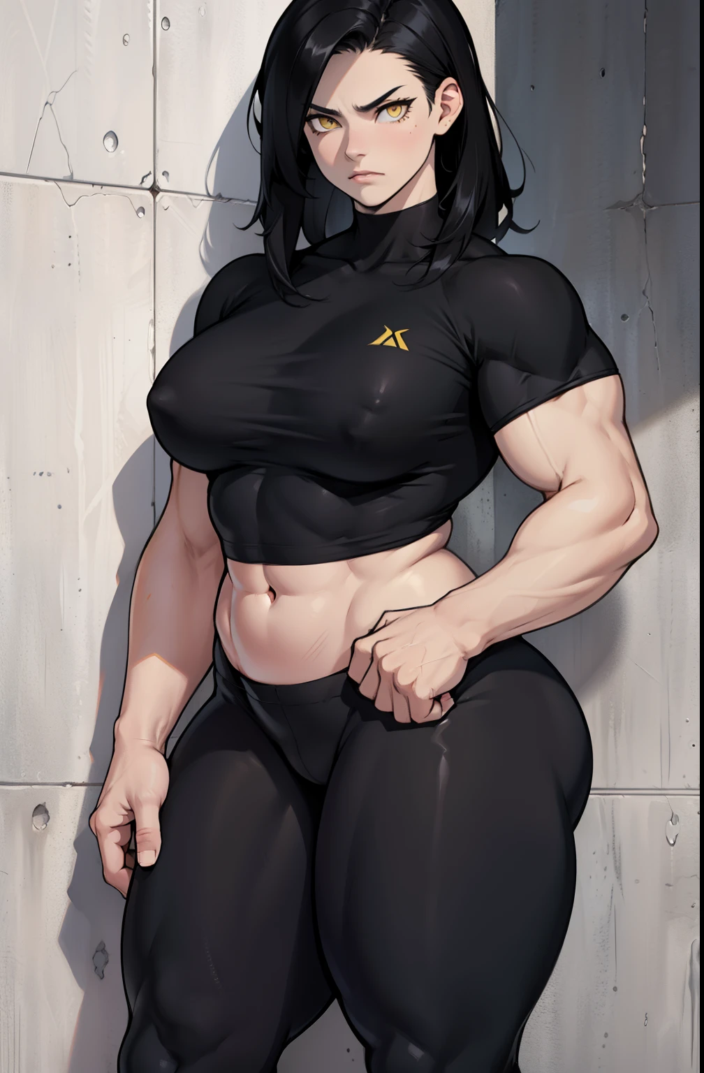 1girl muscular pale skin black hair yellow eyes black against wall frown tight shirt leggings thick thick thick thick muscular muscular muscular