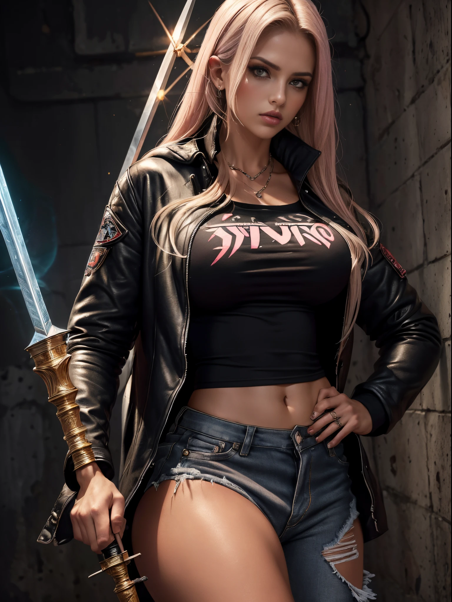 Very aesthetic inkpunk illustration, Alison Tyler lindissima, olhos azuis cintilantes, labios carnudos e rosados, cabelos pretos longos e cacheados (((wielding a magic spear in his right hand))), sentada em uma cadeira simples, corpo inteiro, separated-lips, naked,(((jaqueta de couro preta com rebites e camiseta branca))) , ripped jeans, big boobs, big booty, fundo da parede com graffiti, Arte por Mschiffer