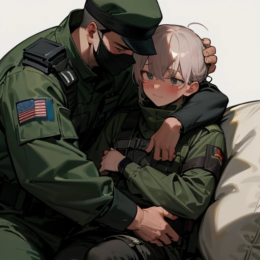 Masked military man with a much younger hostage man on his lap all tied up and blushing, the military man’s hand rests on the hostages thigh, the hostage rests his head on the man’s shoulder tired and blushing,