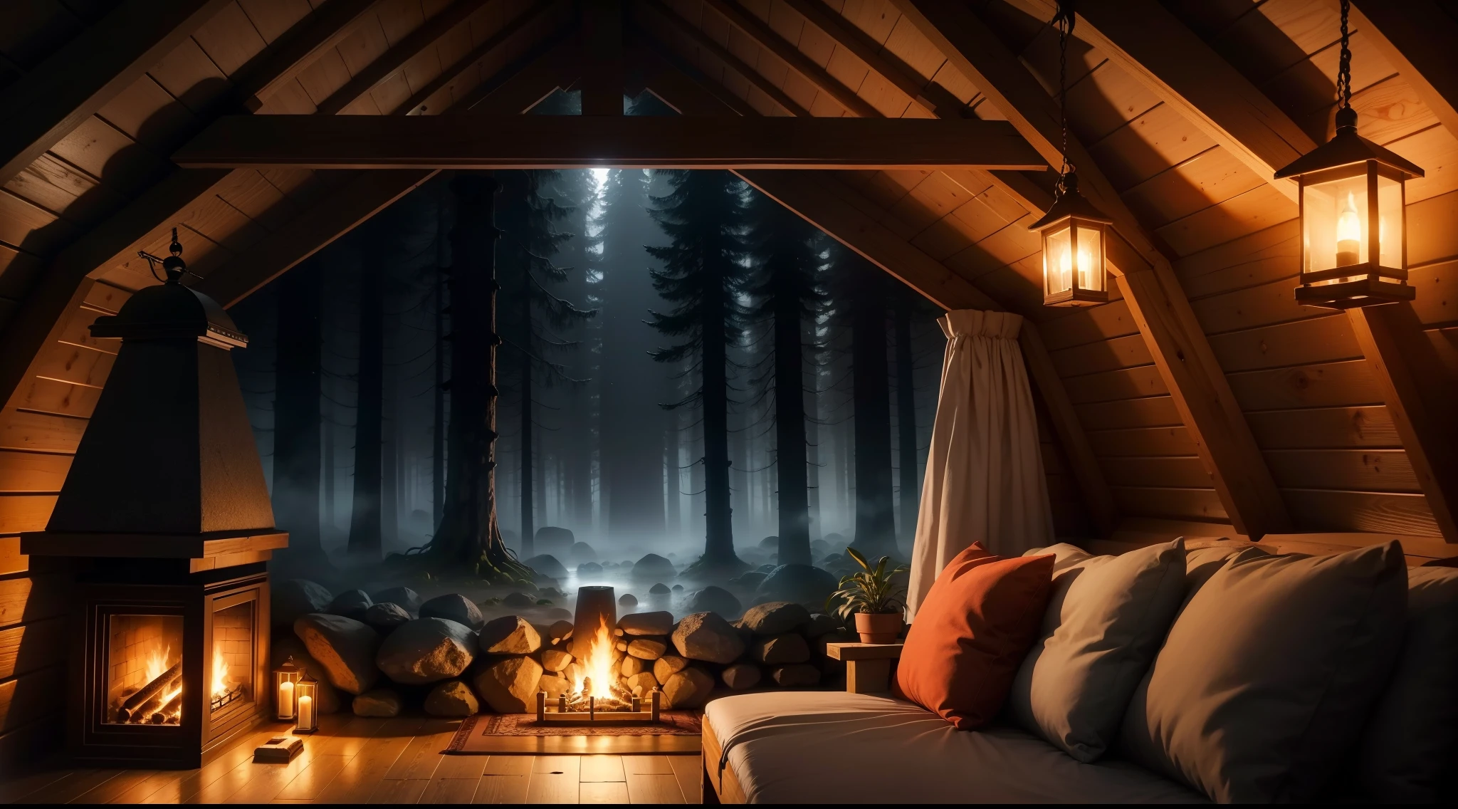 very heavy rain inside the cozy attic of a hut in the misty forest at night, fireplace, stone