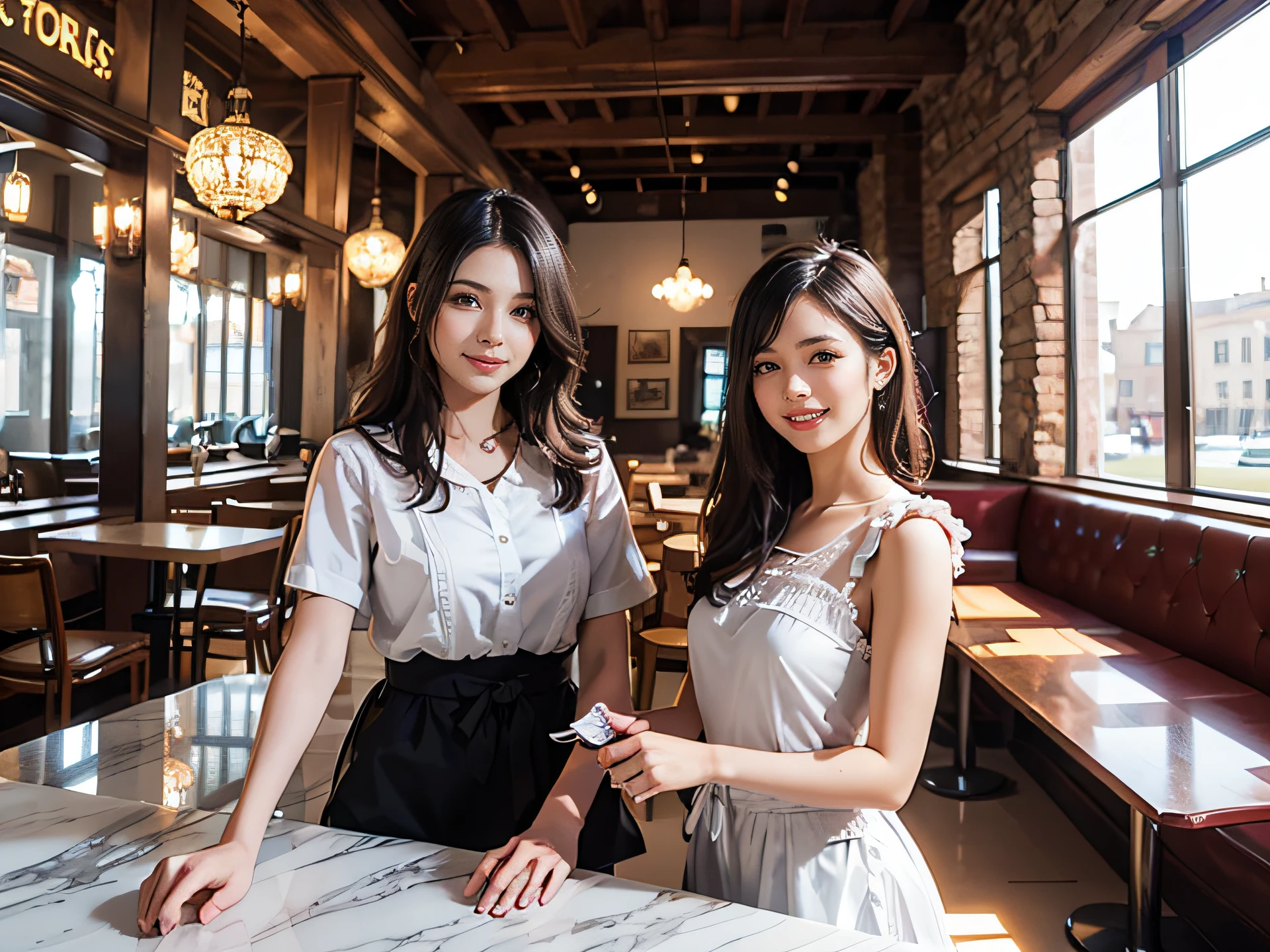 (Two waitress girls wearing fluffy cat costumes、They are standing by a glass table in a marble-floored cafe and having a pleasant conversation.:1.2), (Smiling:1.2), (Upper body:1.4), The walls are covered with white and black geometric wallpaper. There is a bay window that lets in sunlight.., creating a cozy atmosphere. Inside the shop, In the center, there are chairs and leather bench sofas for customers to sit on., There is an open iron staircase leading to another floor. at the cafe, There is also a small courtyard with a wood stove for warmth., The overall scene is of high quality, Super detailed elements and realism, Photorealistic style. The colors are warm and vibrant, Soft lighting emphasizes the cozy atmosphere of the cafe.