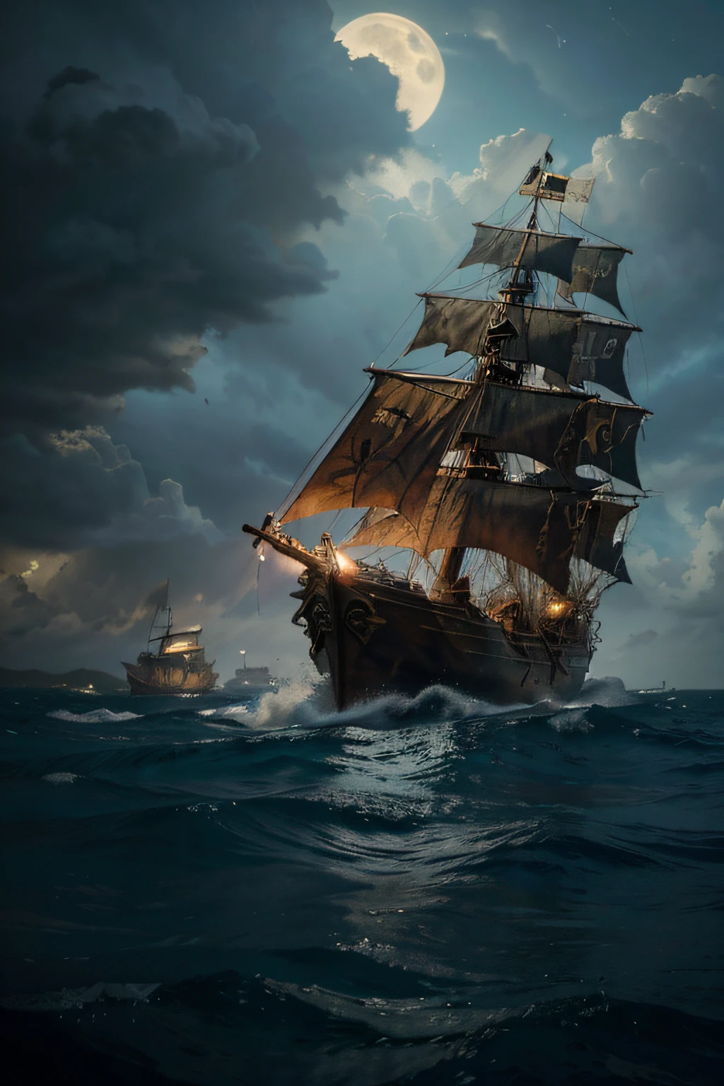 (Best quality, high resolucion, Masterpiece:1.2), Bateau pirate detail, Vibrant colors, Action dynamique, Intense atmosphere, Epic Adventure, Mer orageuse, chasse au tresor, pirates courageux, Crane and os croisés menaçants, Voiles gonflees, Breaking waves, nuages imminents, Drapeau pirate, or scintillant, Caves caves, combats mortels à l'sword, Quartiers du capitaine, Planches de bois, equipment of pirates, Monstres marins, Perroquets, Treasure chest, canons rugissants, la vie de pirate, aventurier, des escapades palpitantes, Sunken ship, Exotic Islands, Skull Island, nuits au clair de lune.