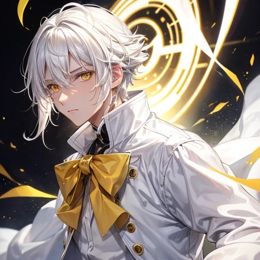 man, medium white hair, yellow eyes, white clothes