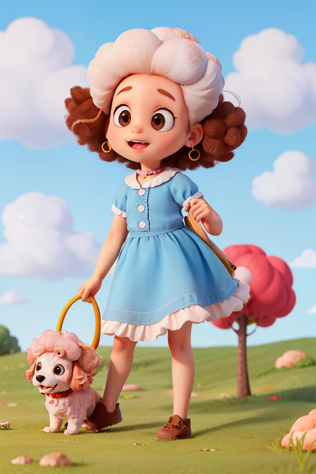 imagens de uma pequena poodle exploradora, various poses and expressions on white background, children's book illustration style, simples, fofo, cores, pelo branco, olhos castanhos com dois topes rosa nas orelhas.