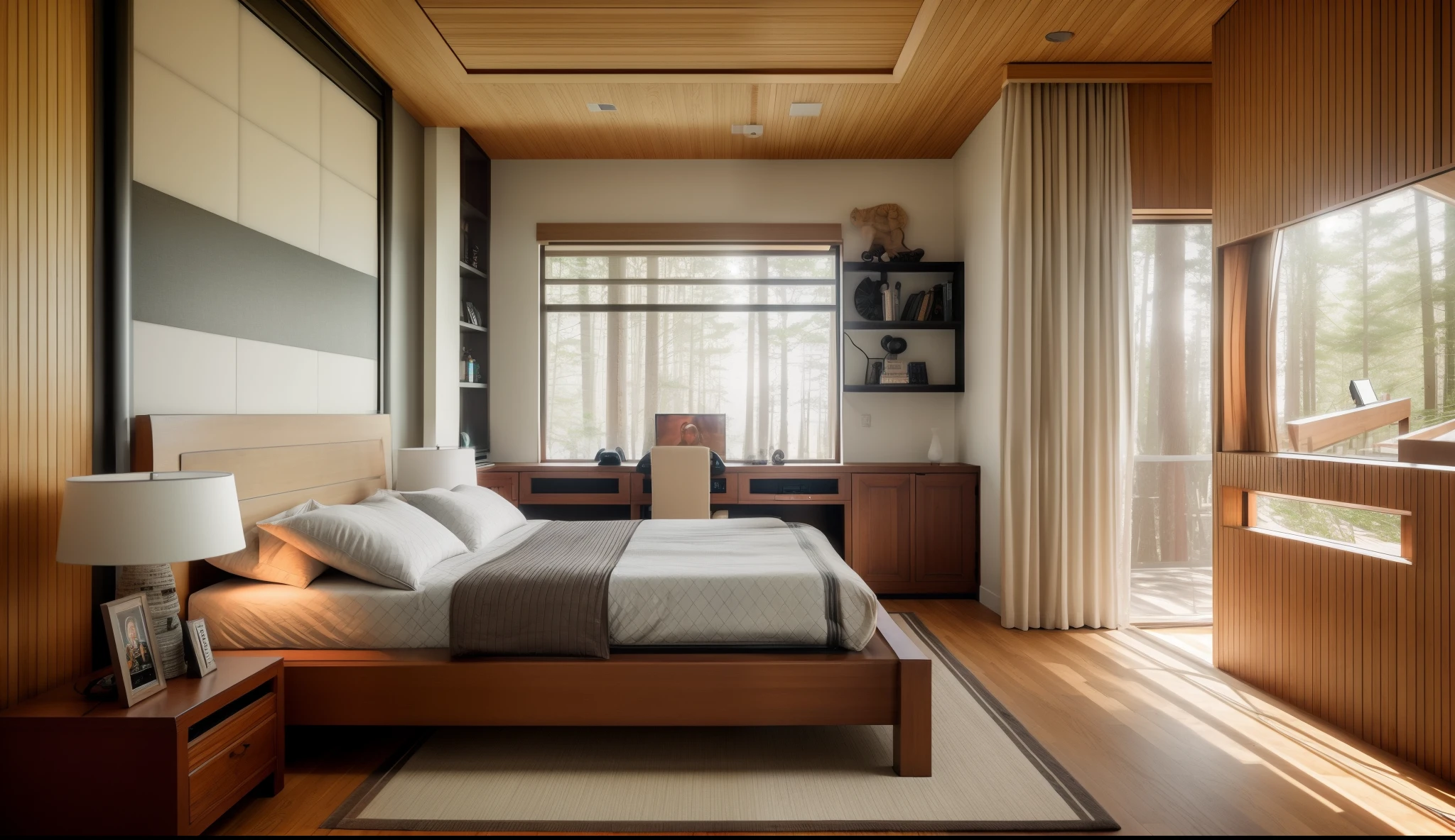 Interior design,insanely detailed wide angle architecture photography, cozy contemporary living room,(bright warm sunlight 1:0.1), award-winning contemporary interior design, scenery, table, chair, indoors, wooden floor, window, restaurant, east asian architecture, sliding doors, lamp, architecture, forest, nature, cup, plant,INTERIOR DESIGN,intersting lights and shadows, Depth of Field,low light, lather paneled wall at the head of the bed, inclouding a gaming setup