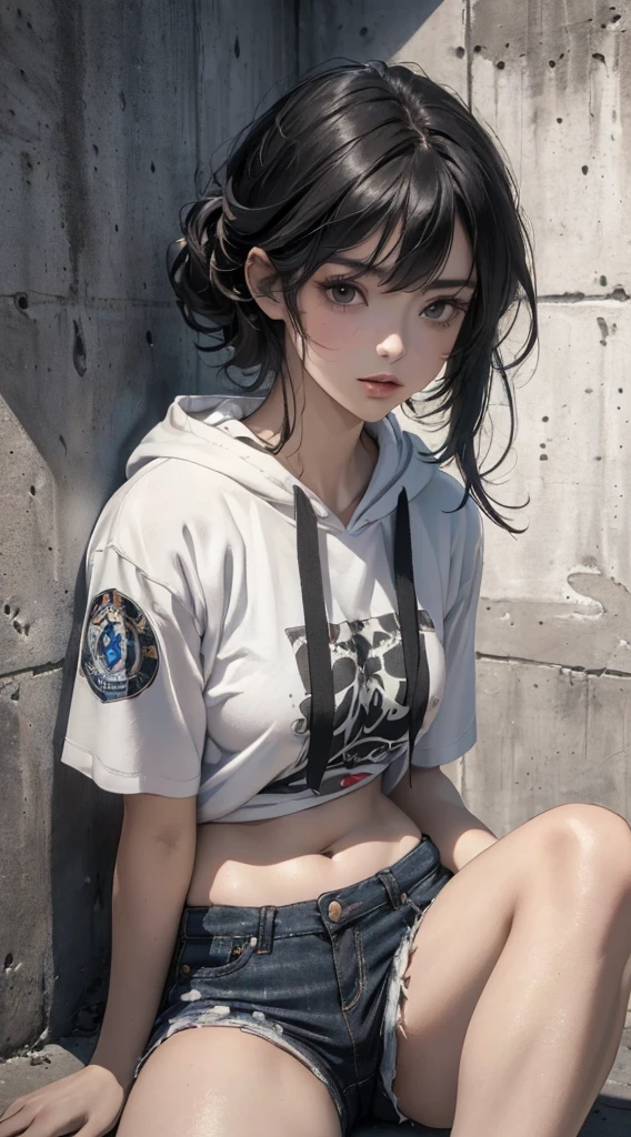 (((8k wallpaper of extremely detailed CG unit:1.2, ​masterpiece, hight resolution:1.2, top-quality:1.2, masutepiece))), ((a very beautiful woman, sitting on, wearing a short sleeve hoodie:1.2, Wearing skinny jeans, Wearing sneakers)), ((extra detailed face, Highly detailed black eyes, extra detailed body, Top quality real texture skins)), (A dark-haired, length hair, straight haired, de pele branca, Small, Exposed belly, Exposed legs), ((Colorful wall, Concrete ground)), high-angle, hyper realisitic, digitial painting,