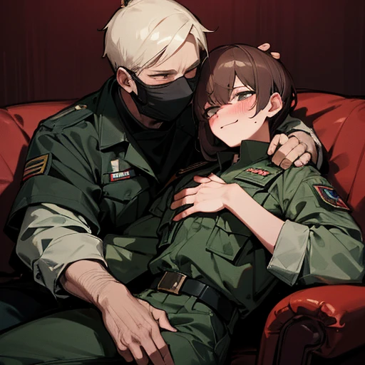 Masked military man smirking slightly under his mask with a much younger hostage man on his lap all tied up and blushing, the military man’s hand rests on the hostages thigh, the hostage rests his head on the man’s shoulder tired and blushing with his hair messy in his face,