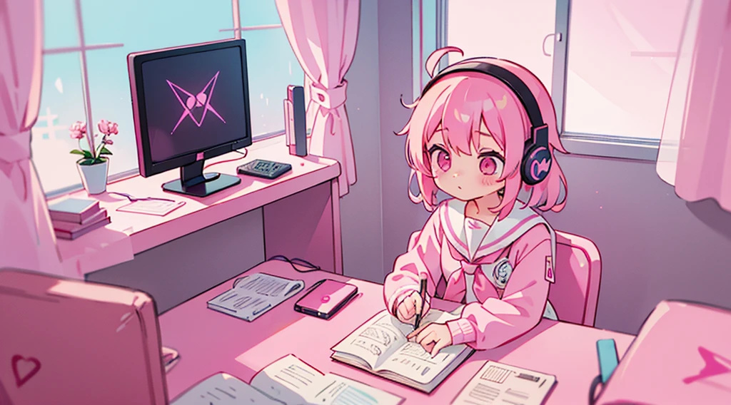 (1 girl, pink hair, pink eyes, sailor suit, headphone, studying), (pink cyberpunk, room with big window, pink neon)