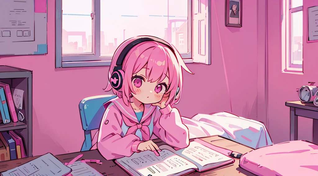 (1 girl, pink hair, pink eyes, sailor suit, headphone, studying), (pink cyberpunk, room with big window, pink neon)