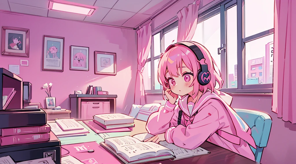 (1 girl, pink hair, pink eyes, sailor suit, headphone, studying), (pink cyberpunk, room with big window, pink neon)