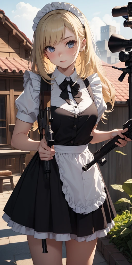 masterpiece, best quality, ultra-detailed, extremely-detailed, 2girls, cute, '((Short black hair girl and long blonde hair girl))', maid, maid apron, '(sniper rifle)', looking through scope, taking aim, Sniper and observer, combination, prone shooting, roof of mansion,