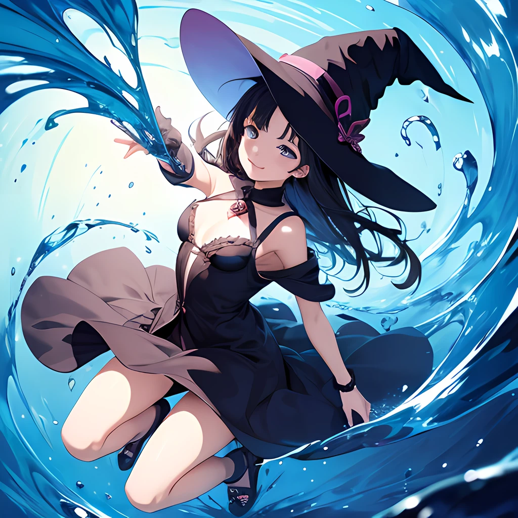 (masutepiece, Best Quality),((Flat color)), 1 girl , Witch Girl, pixiv style, Detailed beautiful eyes, Small breasts, Smile , Floating colorful water, Dynamic, water painting