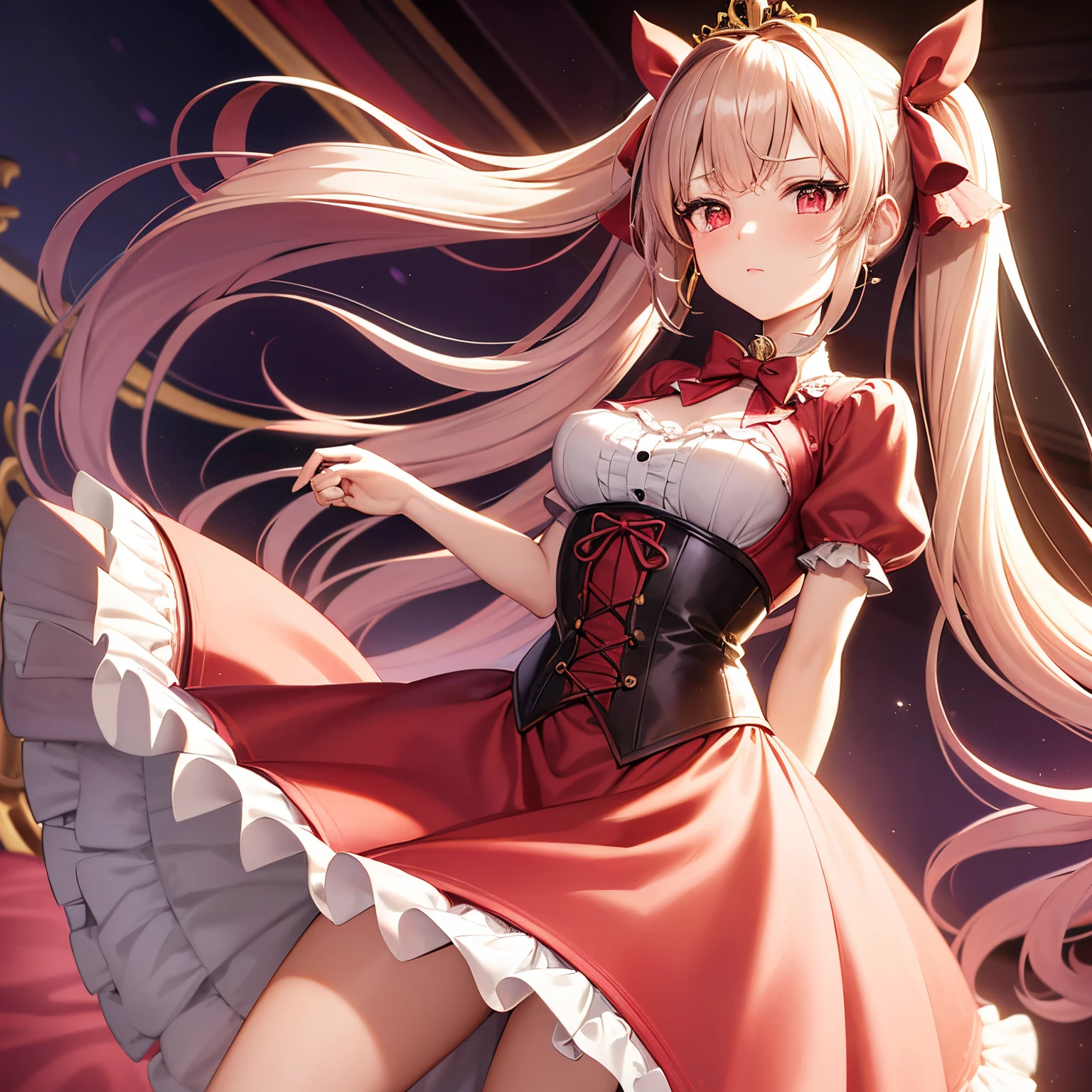 Pretty  princess, drawn in anime style, long red pigtails hair, pink eyes, small breast, steampunk, red shirt with puffy sleeves worn underneath a red gothic lolita dress, corset, petticoat, hair ribbons, fancy gloves, bow tie, ruby earrings and necklace, gold tiara, high heel boots, striped stockings, bloomers, in bedroom, standing elegantly, highly detailed, 1080p, 4k.