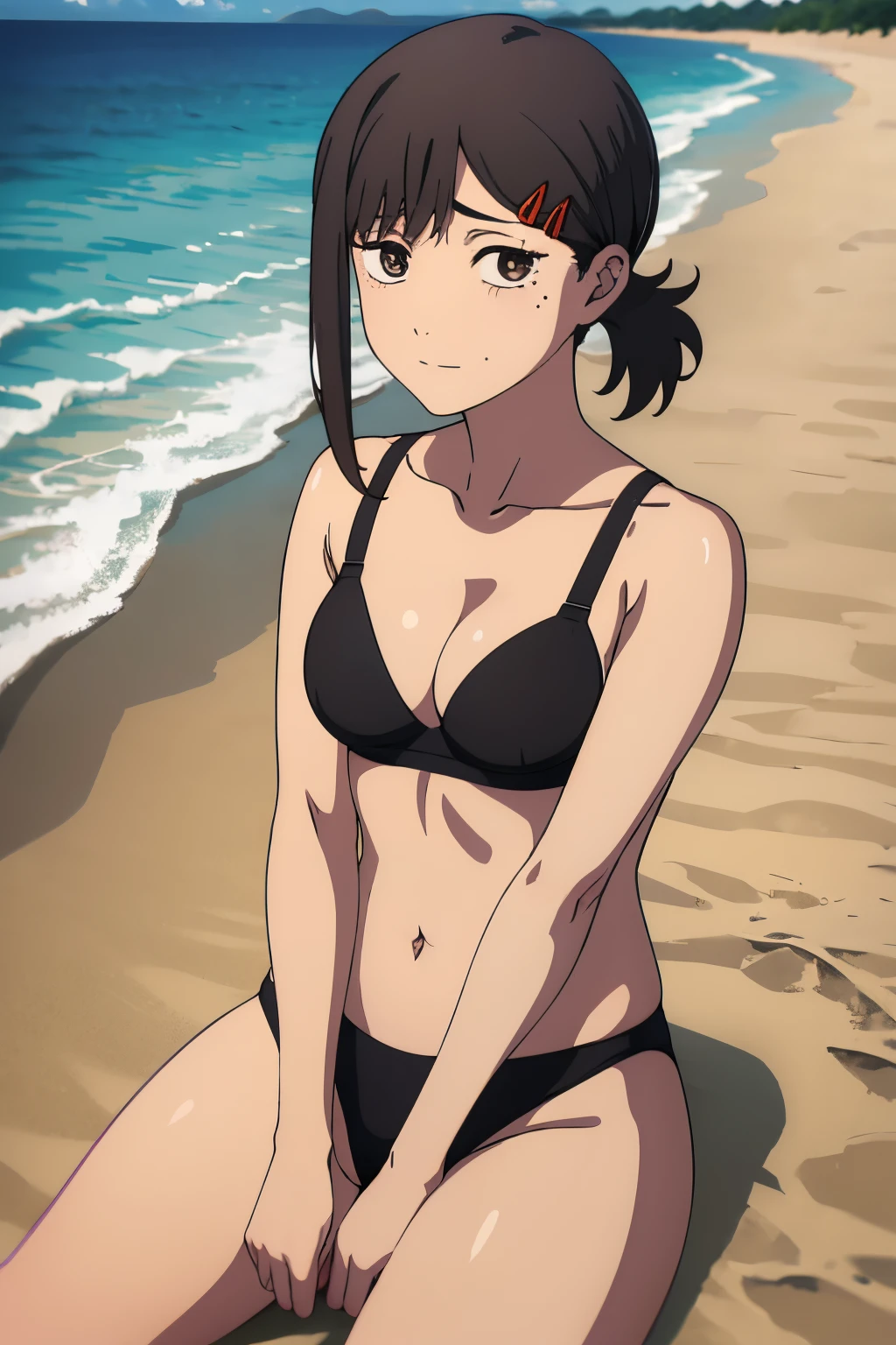 masterpiece, best quality, highly detailed, 1 girl, alone, kobeni higashiyama, black hair, hair ornament, hairpin, mole, mole under the eye, ponytail, short hair, (brown eyes: 1.5), black bikini ,, bra black, black thong, medium breasts, medium waist, wide hips, big butt, pov (from below), thick thighs, beautiful face, arms behind the back, beach, sea, sitting on sand, legs crossed