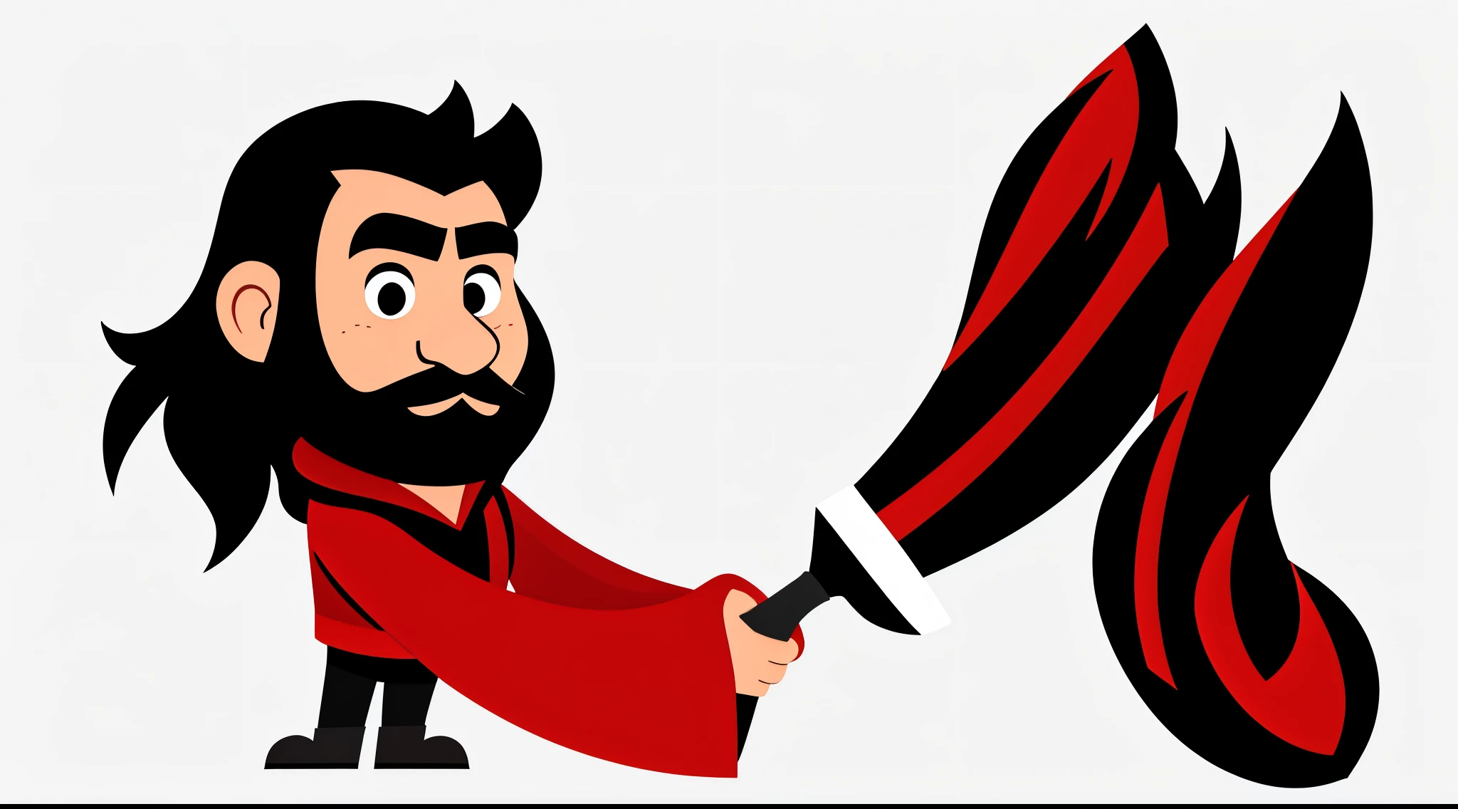 1 Man solo, solo.he has a short black beard and he has black flowing hair. Wearing red. Holding a knife. white background