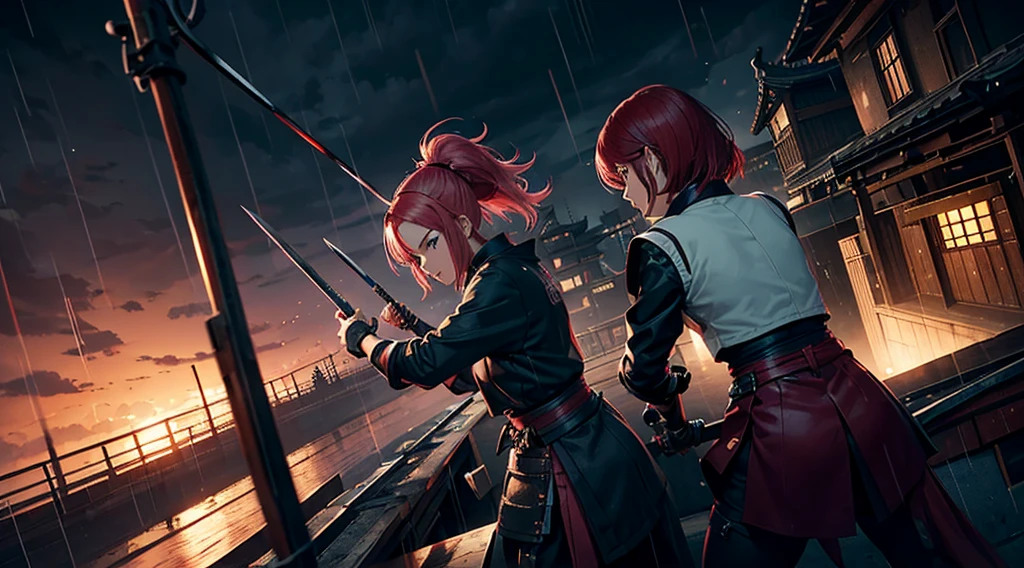 (((Three girls duel))) A red hair female samurai, fighting with her sword against a short black hair female Ninja, and a pink hair Chinese girl is fighting with both girls too, they are all fighting against each other they are fighting on the roof of an old train, dark clouds, a heavy rain falling during the duel, late afternoon. 4k, unreal engine, cinematic, high quality image