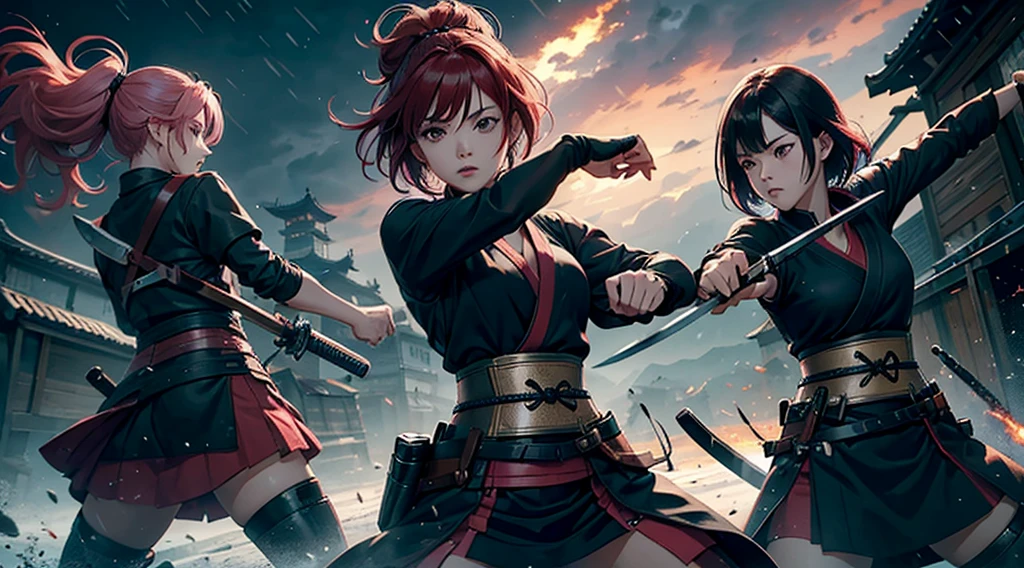 (((Three girls duel))) A red hair female samurai, fighting with her sword against a short black hair female Ninja, and a pink hair Chinese girl is fighting with both girls too, they are all fighting against each other they are fighting on the roof of an old train, dark clouds, a heavy rain falling during the duel, late afternoon. 4k, unreal engine, cinematic, high quality image