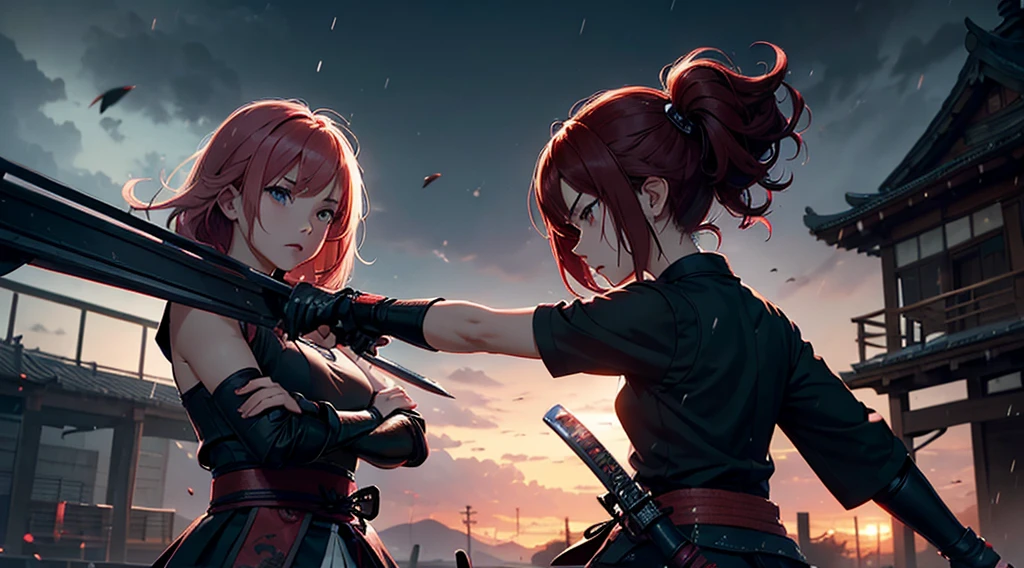 (((Three girls duel))) A red hair female samurai, fighting with her sword against a short black hair female Ninja, and a pink hair Chinese girl is fighting with both girls too, they are all fighting against each other they are fighting on the roof of an old train, dark clouds, a heavy rain falling during the duel, late afternoon. 4k, unreal engine, cinematic, high quality image