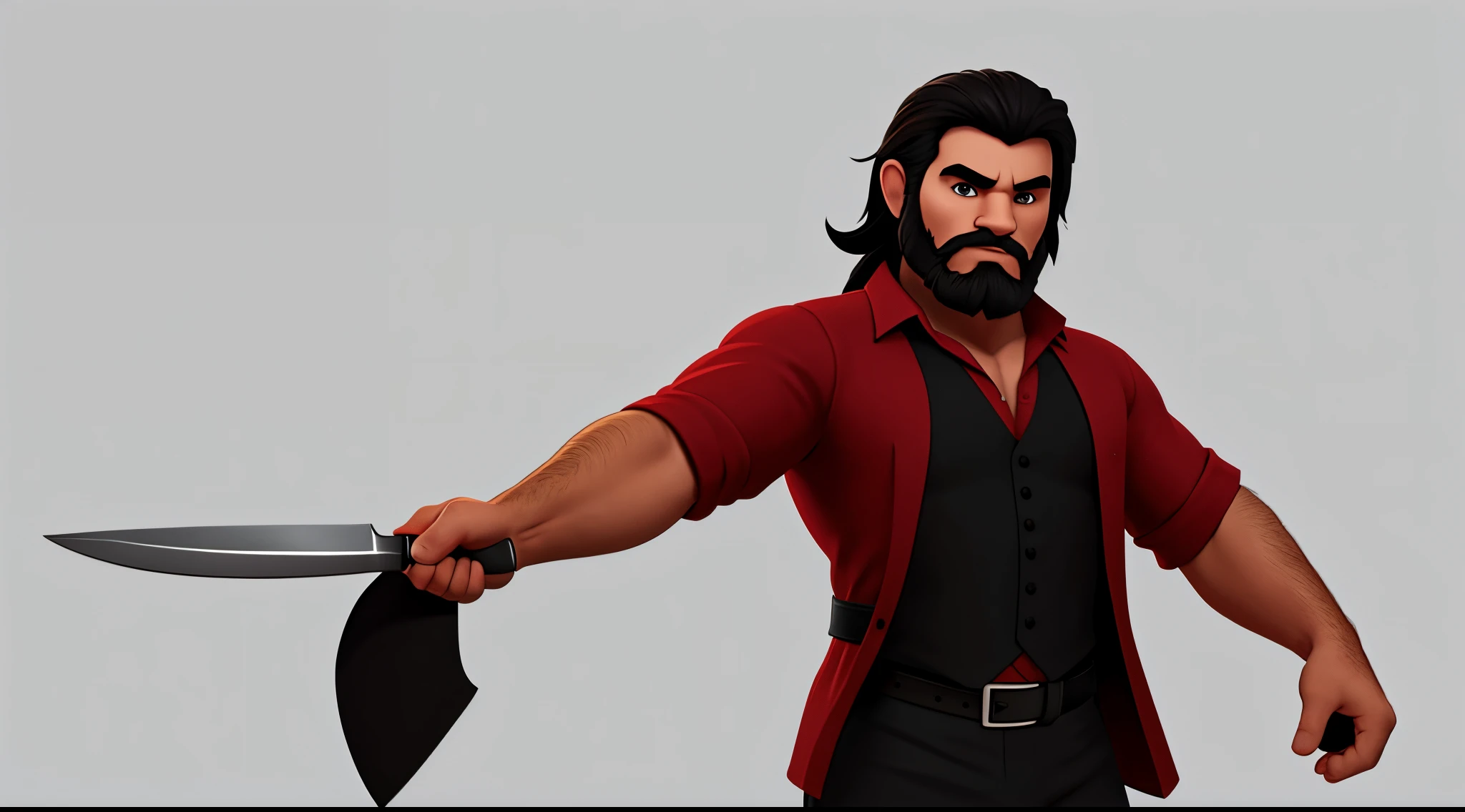 1 Man solo, solo.he has a short black beard and he has black flowing hair. Wearing red. Holding a knife. white background