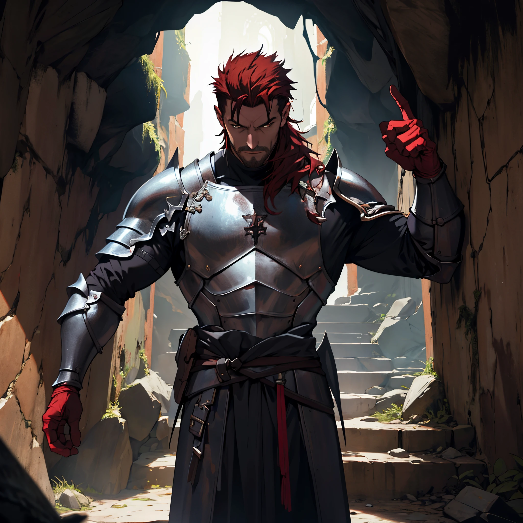 masterpiece,Best Quality, detailed,Close-up of a person'Upper body body, 4k, Cinematics, Background with:Stairs inside a dark cave inside a medieval castle, A middle-aged knight wearing black bat-shaped armor.....(Dark red hair)