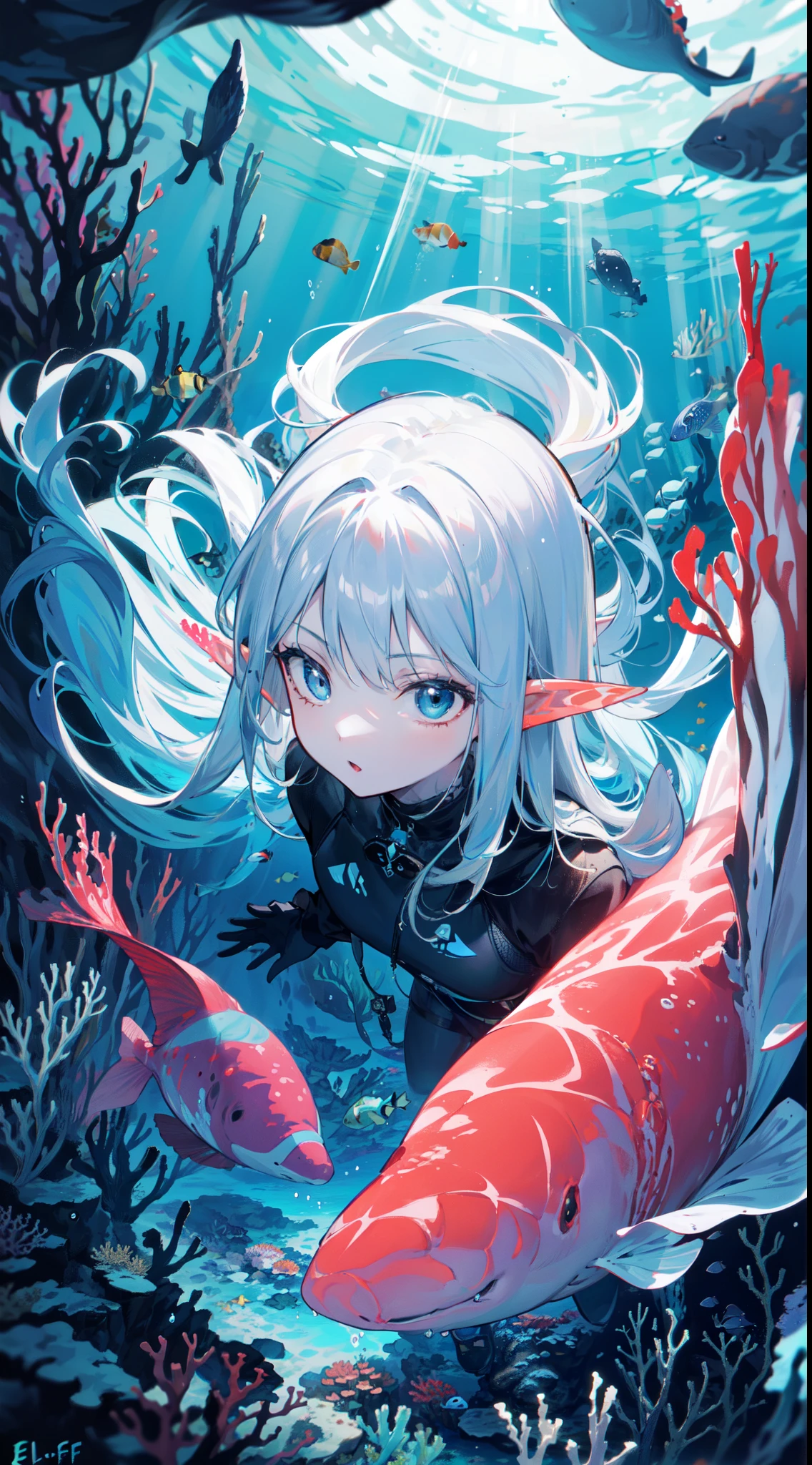 young boy, (((slim body))), ((slender body)), (((narrow hips))), (((flat chest))), (((deep sea))), (((darkness))), ((dark background)), (((underwater))), (((deep sea fish in the background))), ((anglerfish)), sharks, (((bioluminescence))), glowing white eyes, white hair, (((white-skinned))), ((shiny skin)), glowing speckles on skin, (big eyes), slender figure