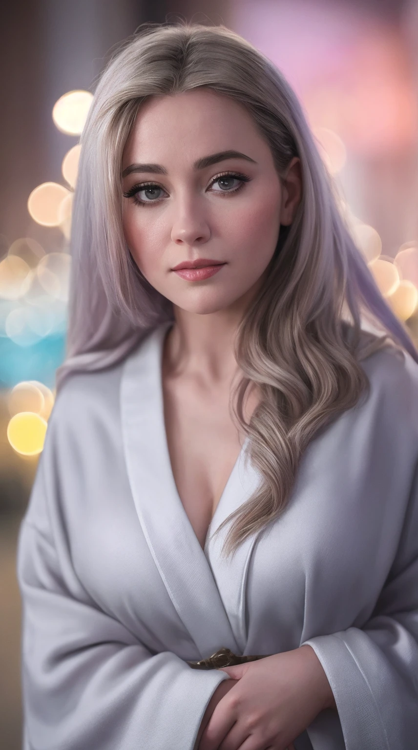 instagram photo of 24 years old woman, closeup, RAW, masterpiece, realistic,
hyper realistic, muted color,
looking at viewer,  mythical pastel fantasy, colossal, ([Emilia Clarke|Jennifer Aniston|Lynda Carter]:0.7), bokeh, Dongguan,
wearing Silver Bathrobe, glowing,
[cartoon, drawing, anime :realistic, real life, hyper realistic:0.25],