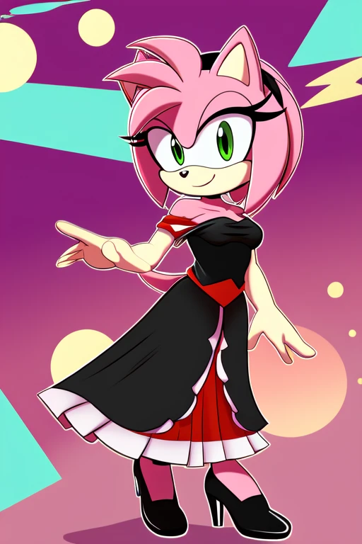 Amy Rose as a Flamenco Dancer, smile, black dress, off-the-shoulder black dress, long skirt, upper body, 1990s Abstract Background,