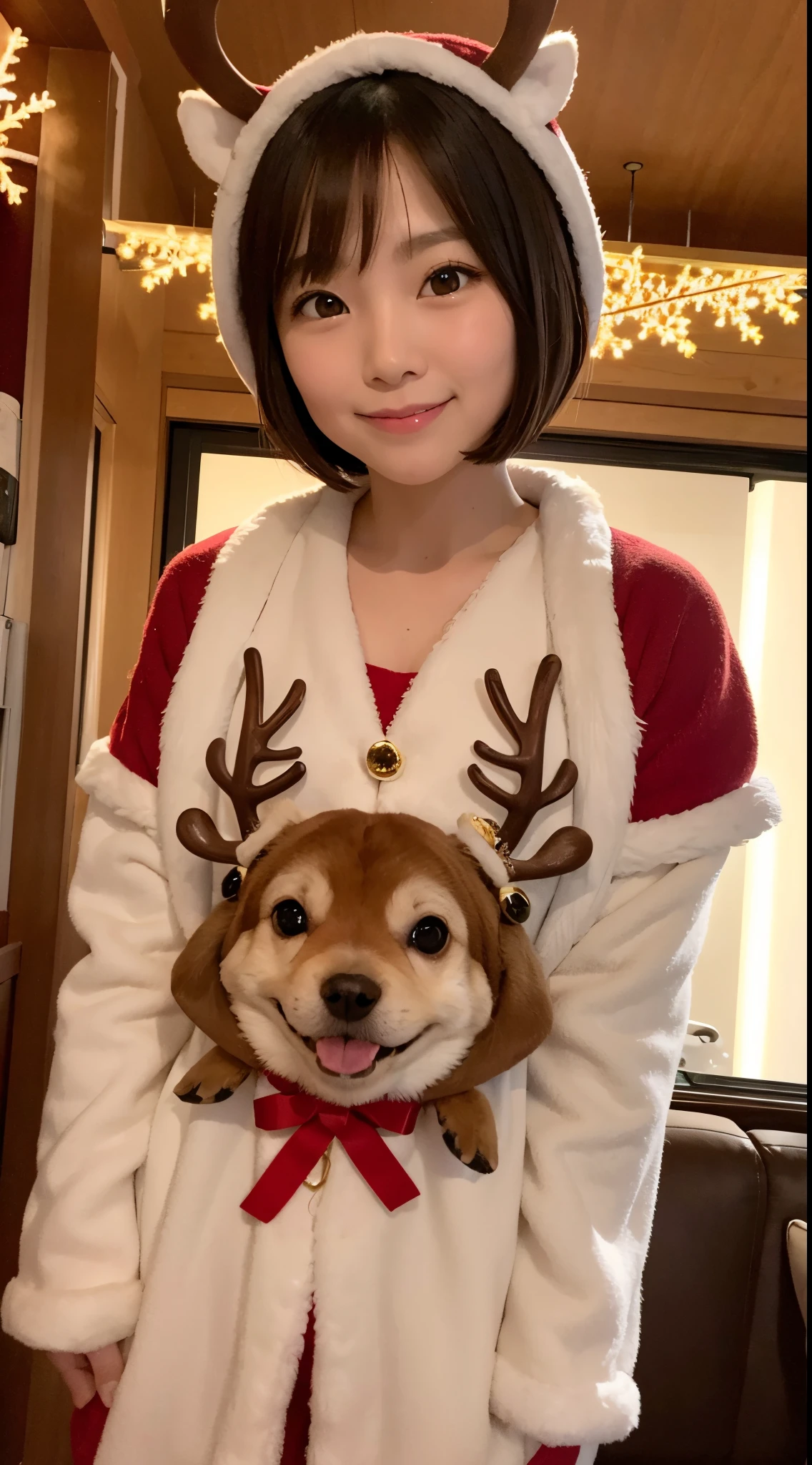 she is a cute asian、I&#39;m wearing a reindeer costume、Big eyes、Brown eyes、Golden short-cut hair、Cute smile、Christmas