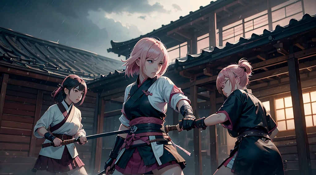 (((Three girls duel))) A blonde hair female samurai, fighting with her sword against a short black hair female Ninja, and a pink hair Chinese girl is fighting with both girls too, they are all fighting against each other on the roof of an old train, dark clouds, a heavy rain falling during the duel, late afternoon. 4k, unreal engine, cinematic, high quality image