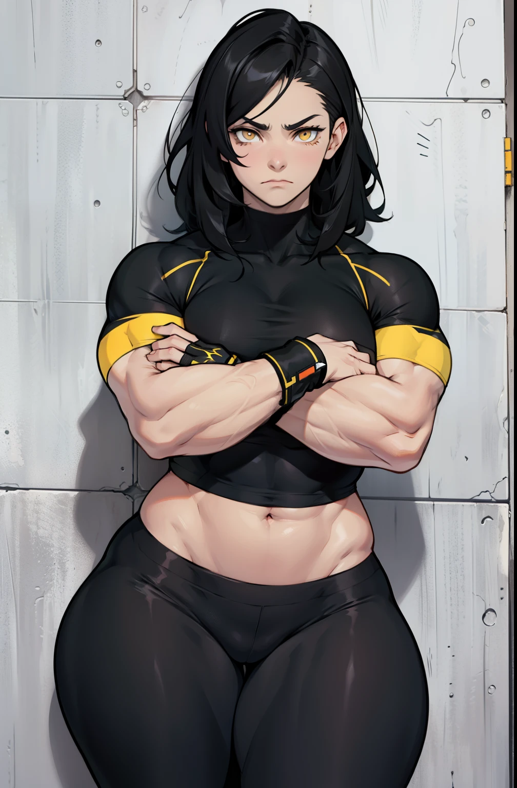 1girl muscular pale skin black hair yellow eyes black against wall frown tight shirt leggings thick thick thick thick muscular muscular muscular