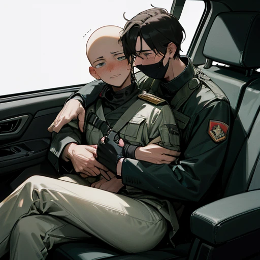 Masked military man sitting in a car smirking slightly under his mask with a much younger hostage man on his lap all tied up with his legs spread and ankles tied up blushing nervously, the military man’s hand rests on the hostages thigh, the hostage rests his face on the man’s shoulder tired and blushing with his hair messy in his face, the military man has placed the hostage on his lap facing him so the hostages legs are spread in front of him,