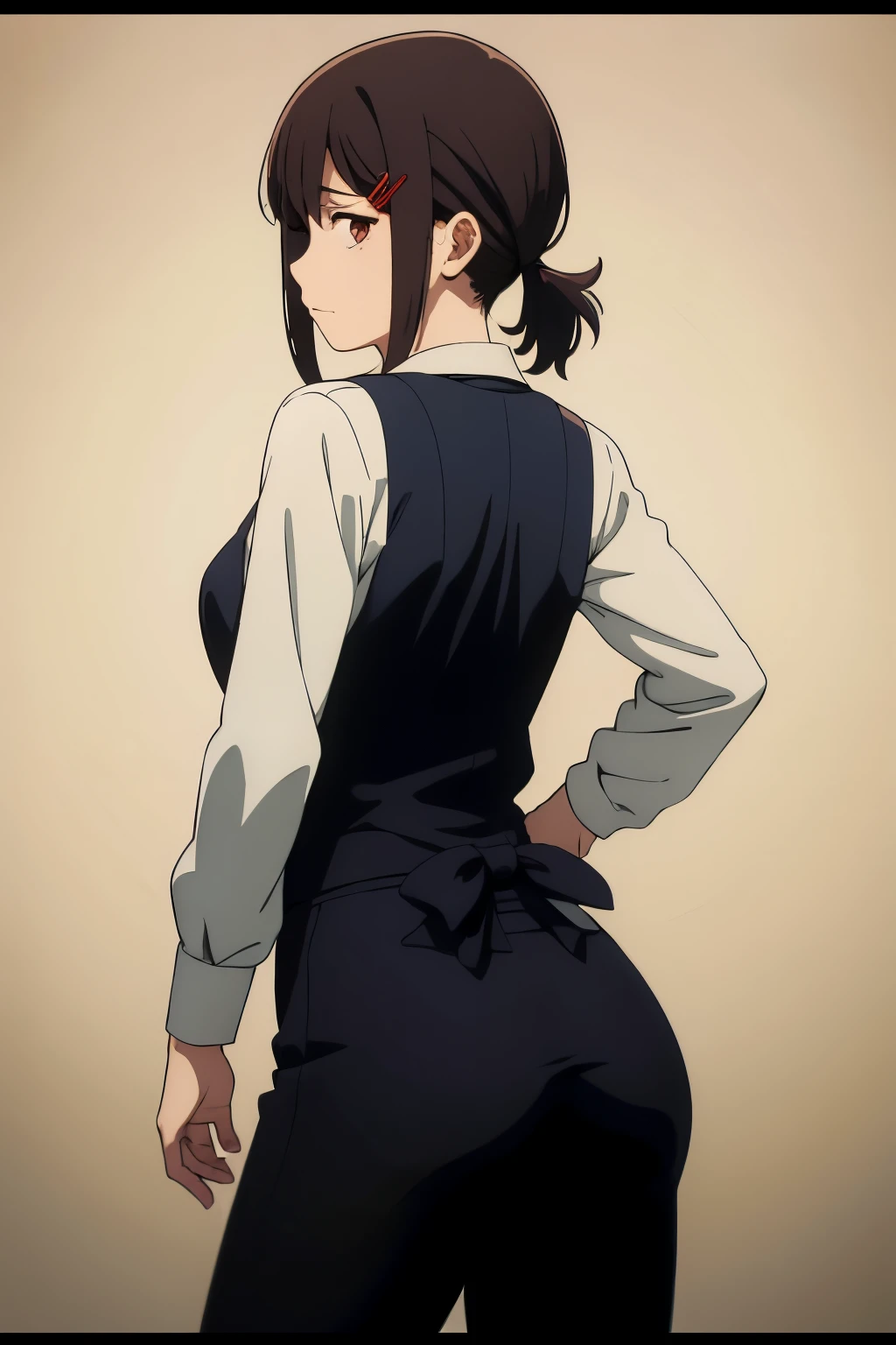 masterpiece, absurdity, full body, higashiyama kobeni, hair ornament, red hairpin, 1 girl, alone, black hair, short ponytail, collared shirt, bow tie, apron, black pants, tight pants, medium breasts, waist medium, medium hips, wide thighs, big butt, from behind, looking at viewer, showing butt, point of view from anywhere, nervous, cowboy photo,