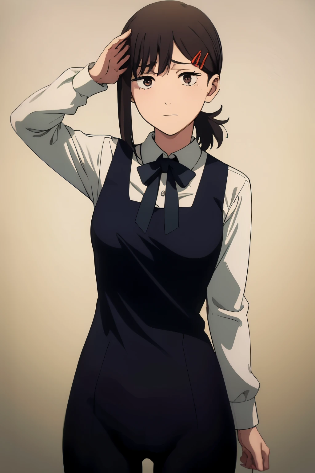 masterpiece, absurdity, full body, higashiyama kobeni, hair ornament, red hairpin, 1 girl, alone, black hair, short ponytail, collared shirt, bow tie, apron, black pants, tight pants, medium breasts, waist medium, medium hips, wide thighs, big butt, from behind, looking at viewer, showing butt, point of view from anywhere, nervous, cowboy photo,