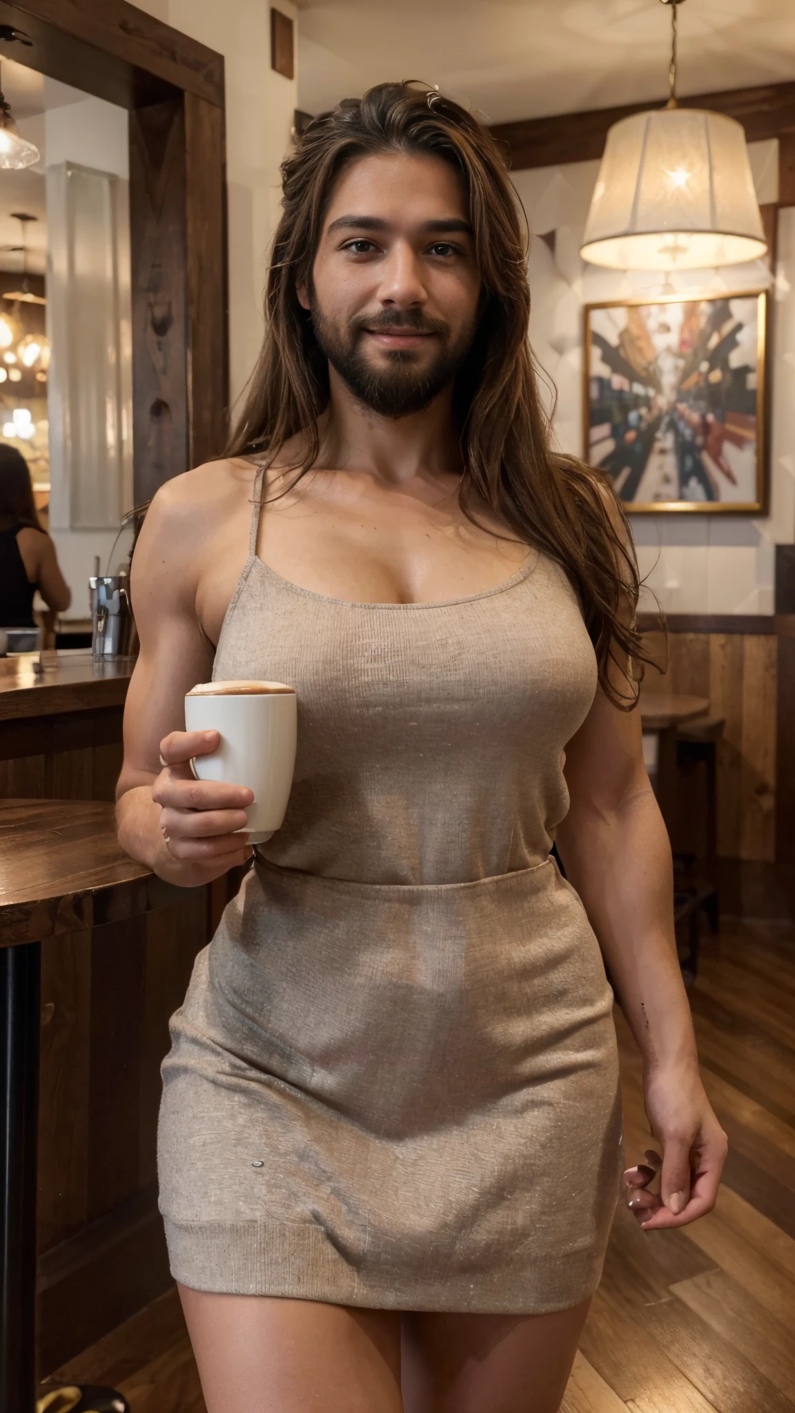 (best quality,4k,highres,ultra-detailed,realistic:1.37),vibrant portrait,beautiful cafe worker lady with a beard,long beautiful hair,manly chiseled muscular arms,expressive eyes,lovely smile,stylish outfit,confident stance,coffee cup,cozy atmosphere,artistic lighting,rich color palette,bokeh