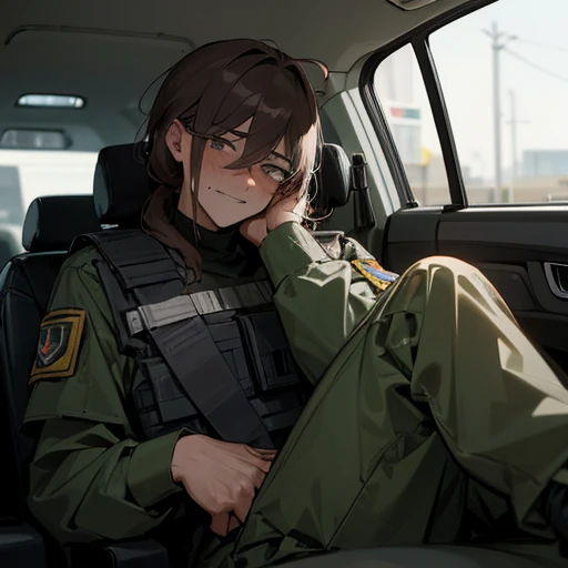 Masked military man sitting in a car smirking slightly under his mask with a much younger hostage man on his lap all tied up with his legs spread and ankles tied up blushing nervously, the military man’s hand rests on the hostages thigh, the hostage rests his face on the man’s shoulder tired and blushing with his hair messy in his face, the military man has placed the hostage on his lap facing him so the hostages legs are spread in front of him,