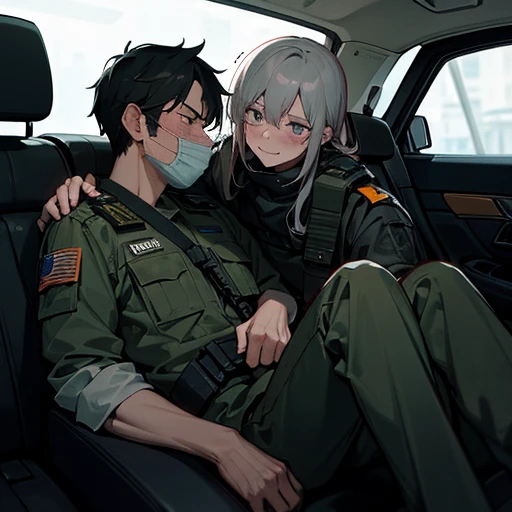 Masked military man sitting in a car smirking slightly under his mask with a much younger hostage man on his lap all tied up with his legs spread and ankles tied up blushing nervously, the military man’s hand rests on the hostages thigh, the hostage rests his face on the man’s shoulder tired and blushing with his hair messy in his face, the military man has placed the hostage on his lap facing him so the hostages legs are spread in front of him,