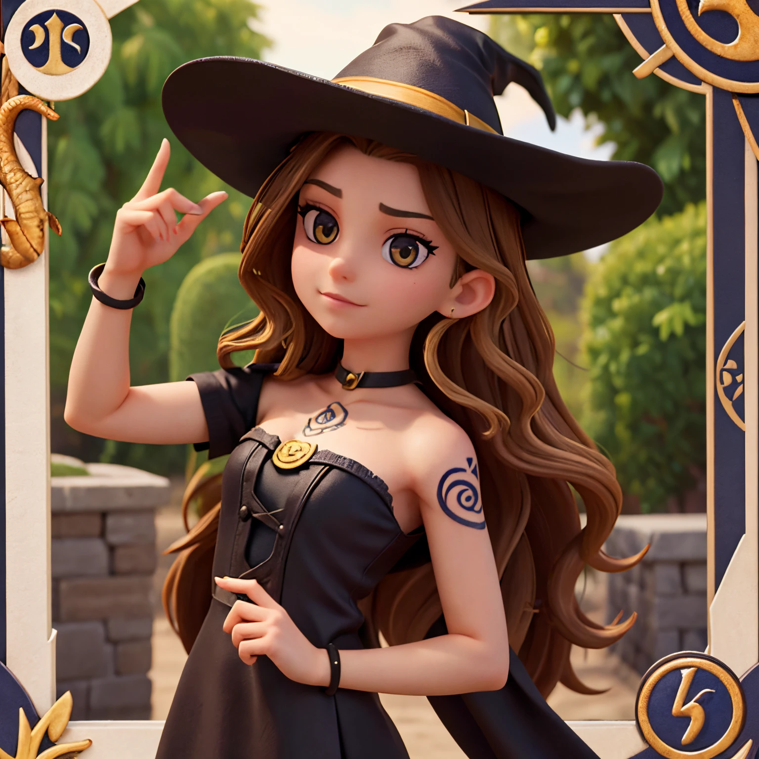 A young witch woman with wavy brown hair with a blonde streak just at the front of her hair with brown eyes white skin a snake tattoo on her arm playing tarot