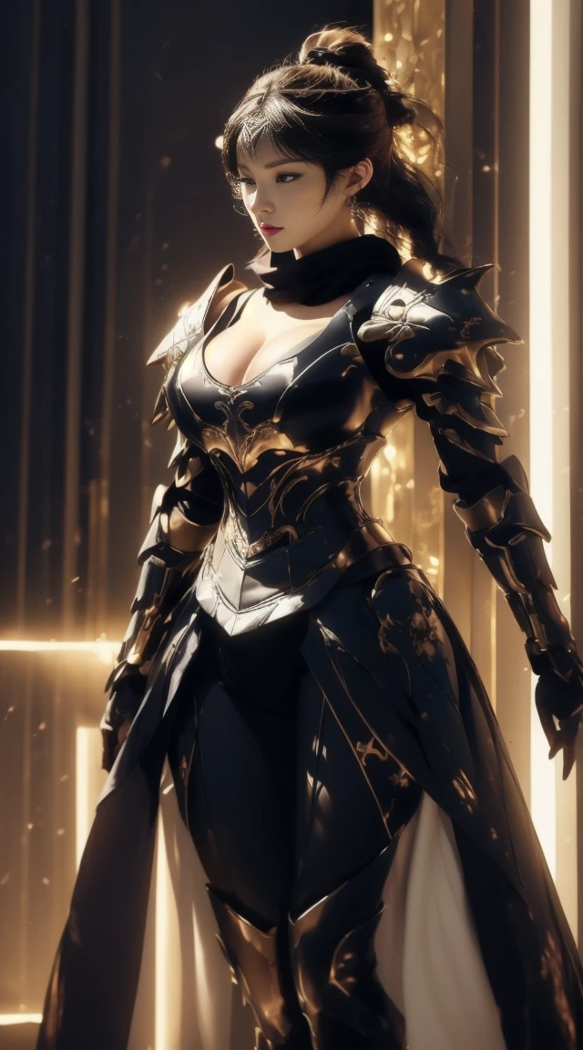 (masterpiece, best quality, extremely detailed 8k, ultra hd, ultra-detailed, highly detailed, highly realistic, ultra-realistic, photo realistic), (1girl:1.5), (detailed realistic skin), (realistic big breasts), (sexy lipstick), slender abs, Female knight in sexy clothes, wearing sexy armor, wearing pantyhose floral motif, the armor on the chest are also open showing a lot of cleavage, the chest is big and Solid, big thighs, showing the whole body, slim waist, hair tied back, serious facial expression targeting the enemy, elegant, erotic, wearing a flowing black scarf, h cup bust size, very big boobs, cleavage, background korean city at night, ponytail hair, Monochrome lighting, Dark and bright lighting, lighting under the lights, wearing pantyhose.