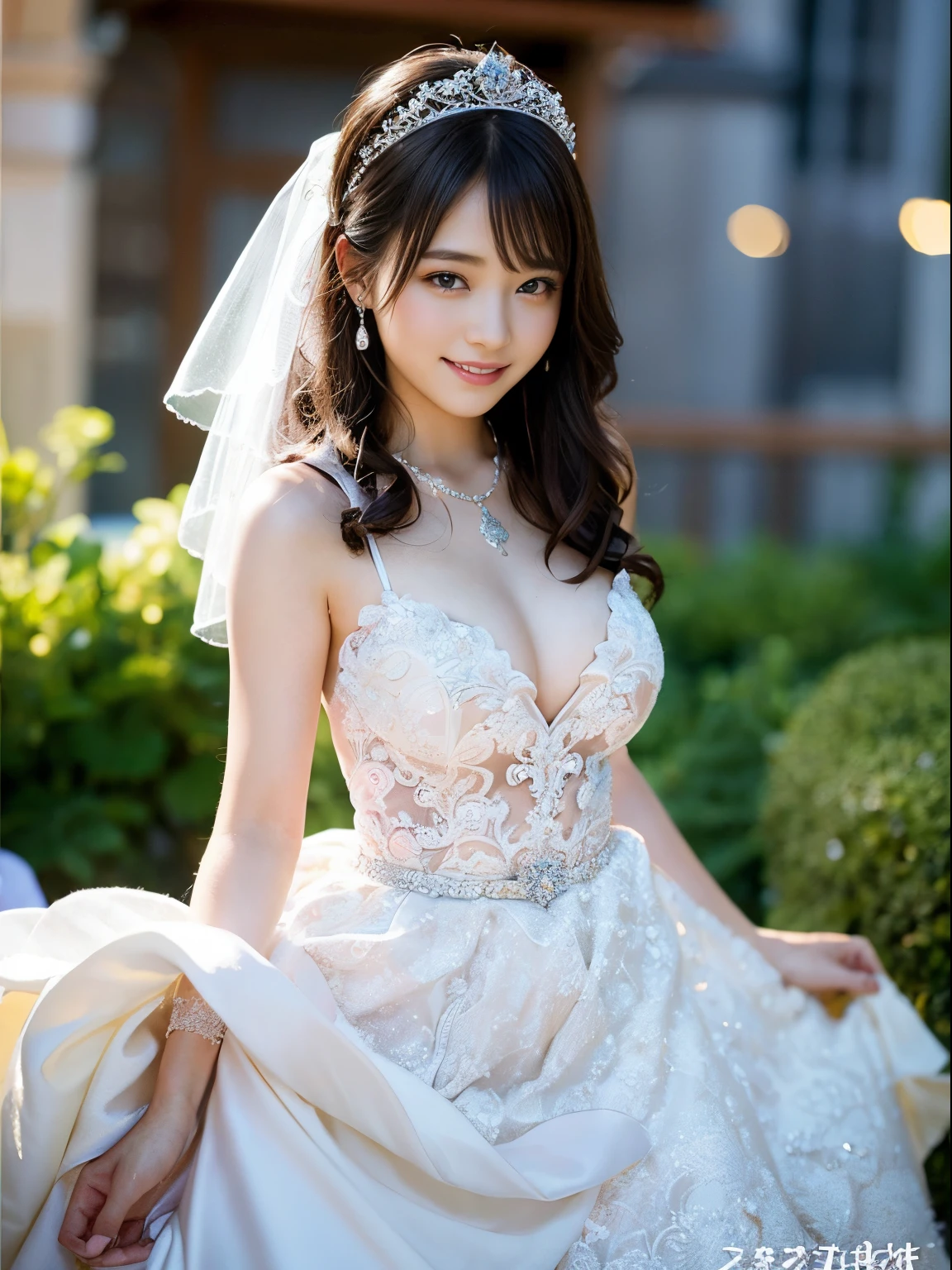 (Best Quality, masutepiece:1.2), (Realistic:1.3), (hyper detailed background, Detailed background), Bokeh, ((medium breasts)), [Beautiful valley],(Princess Line Wedding Dresses:1.3),(halterneck:1.2), Bridal tiara, Bridal Veil, bridal gauntlets, Bridal Cascade Bouquet, The whole body is shown, perfect fingers、Beautiful eyes、Beautiful wedding venues near the sea, The skirt spreads round and wide, 1girl in, Teenage, Cute,Smiling, Dynamic Angle、Staring at this