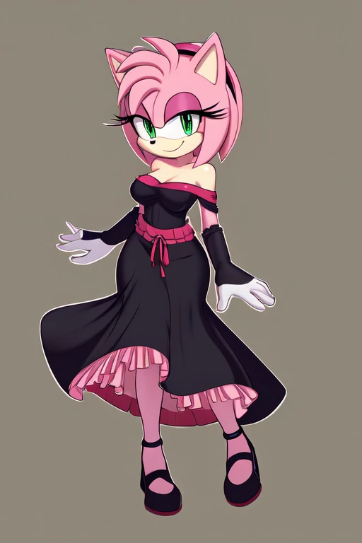Amy Rose as a Flamenco Dancer, smile, black dress, off-the-shoulder black dress, long skirt, upper body, 1990s Abstract Background, head portrait