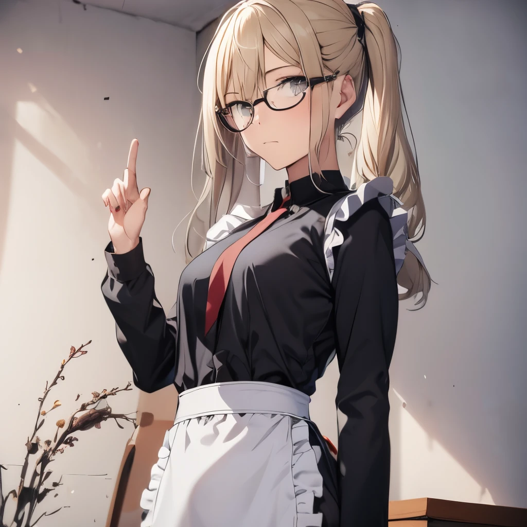 【Highest Quality, masutepiece】 [1 girl in, Manteau, expressioness, jet-black eyes,glasses, sanpaku eyes,front facing,beauty blonde hair, Slender beauty,straight haired, long pony tail hair ,flat chest,] (Gray white background:1.7), no smile,Waitress apron,