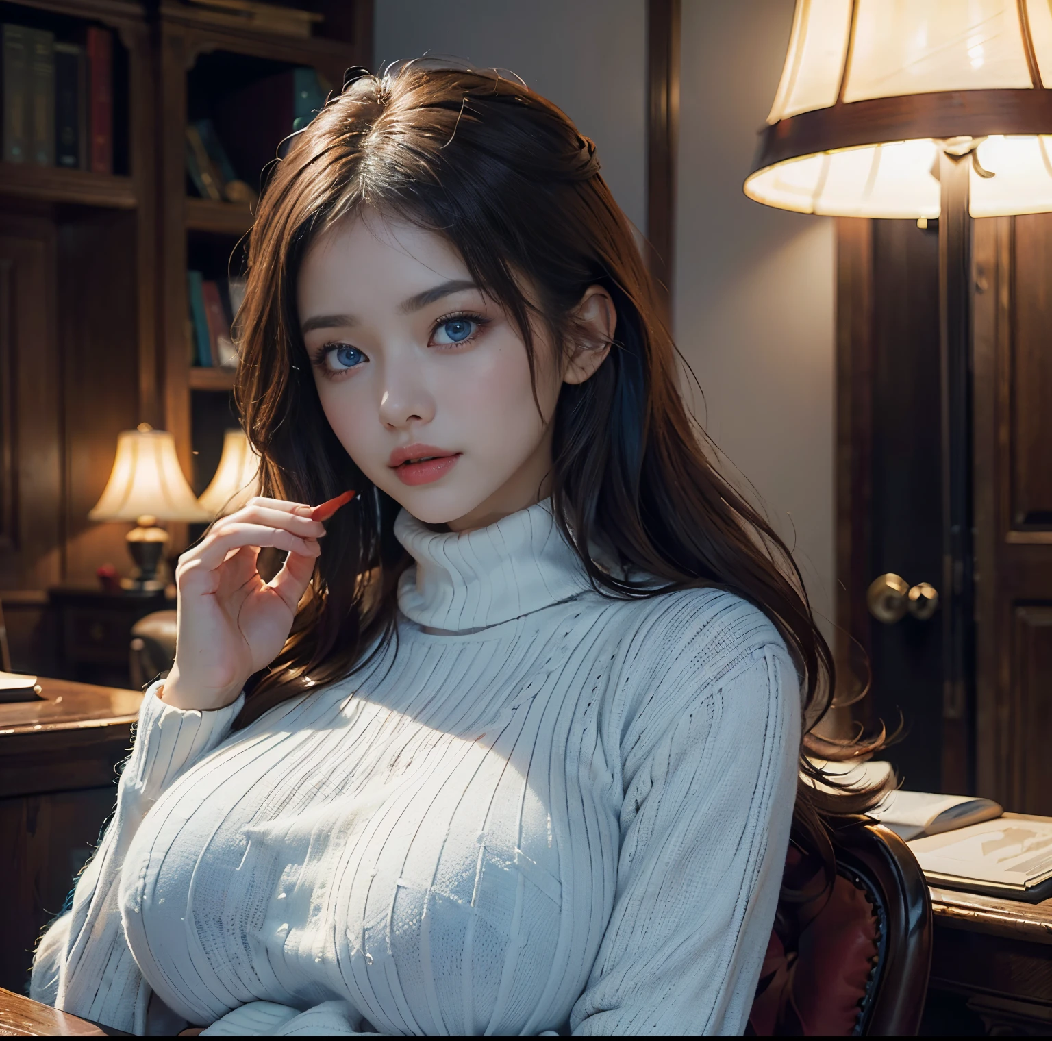 top-quality, 8K picture quality, masterpiece, (Professional lighting without shadows), (Two women in love:1.2), (with perfect body、Colossal breasts with tension:1.2), (Bright whitening skin:1.2), (Bright and beautiful blue eyes with plump red tear bags reflect a lot of light..:1.4)、 (They are wearing light knits with turtlenecks.), (Upper body skin is not exposed:1.5), (Hold your proud big breasts in both palms and show them off while emphasizing them from the front.:1.2),