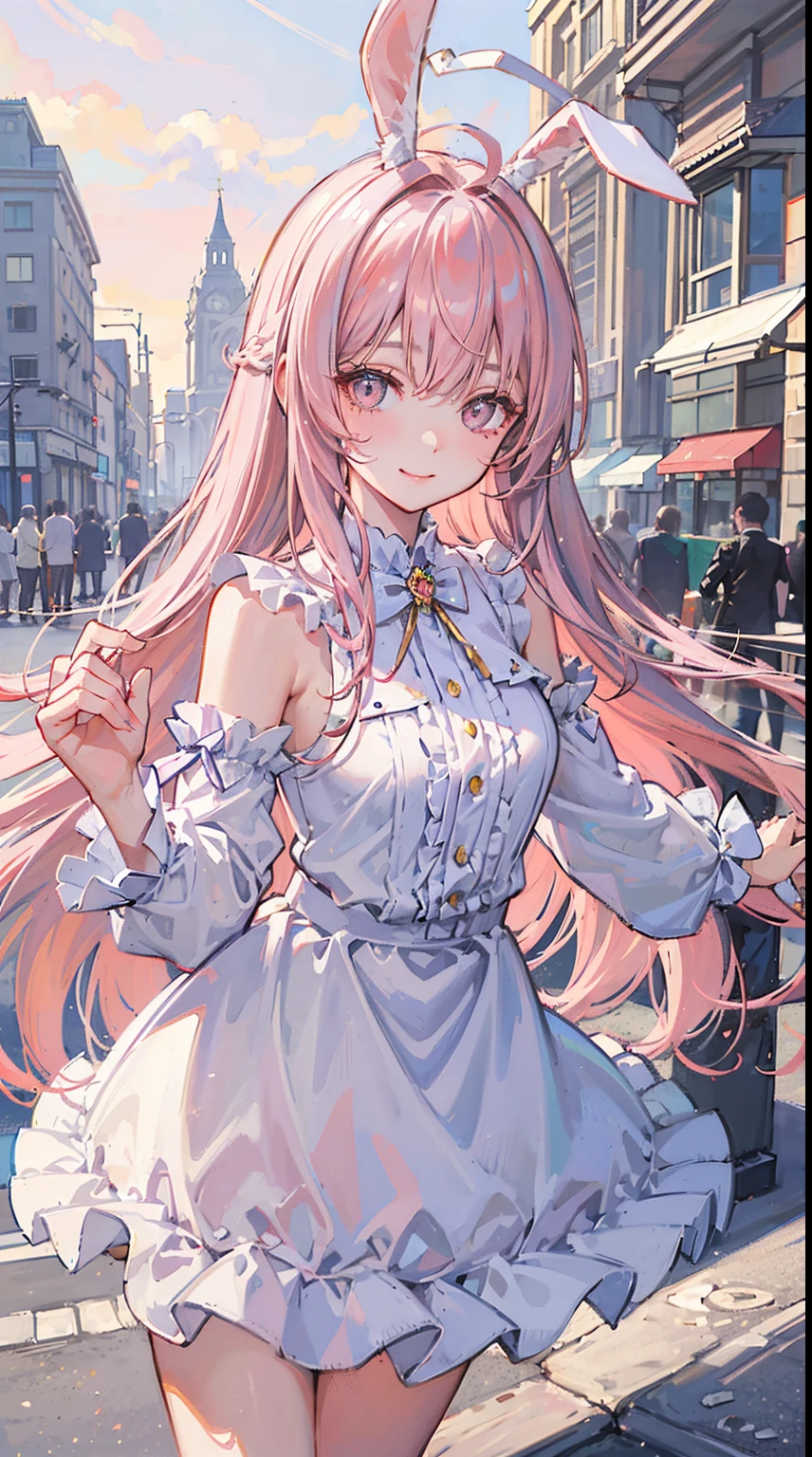 (masterpiece), best quality, (gentle smile), bunny girl, (bunny ears:1.2), (long pastel pink hair:1.2), (hair bangs), (hair hiding ears), (hazel eyes:1.2), (extremely detailed eyes), (fluffy bunny tail), (wearing modern clothing), (soft smile), city background