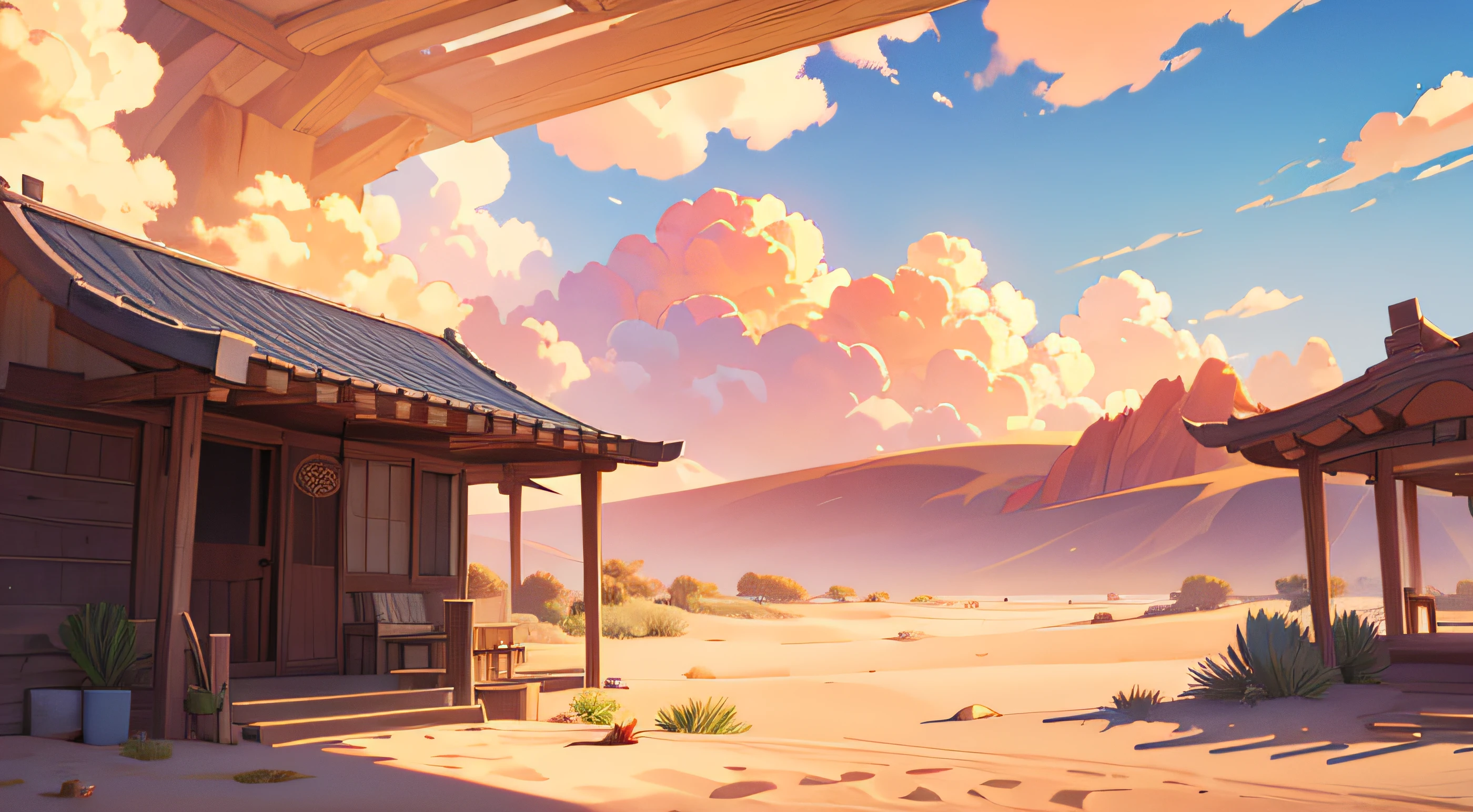 (illustrations : 1.0), photorealistic lighting, HD detail, 夏天, desert, sand, daytime, clouds, overcast, 12pm, Dead wood